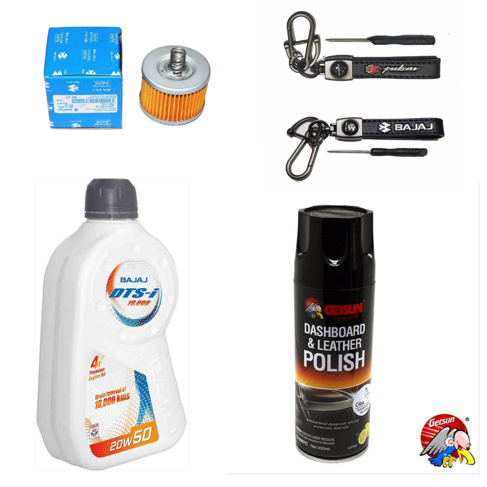 Combo pack Bajaj engine oil,key ring,spray polish,mobil filter